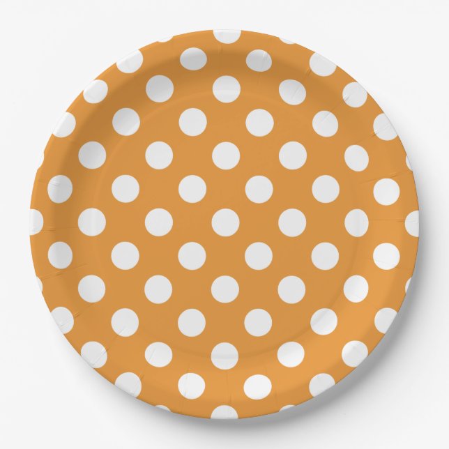 White polka dots on amber paper plate (Front)