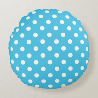 White Polka Dots on Aqua Blue Round Pillow