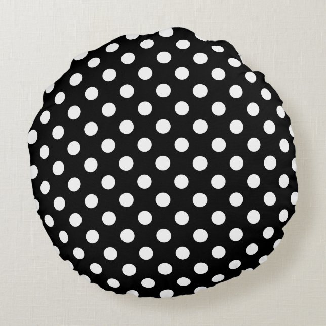 White Polka Dots on Black Background Round Pillow (Back)