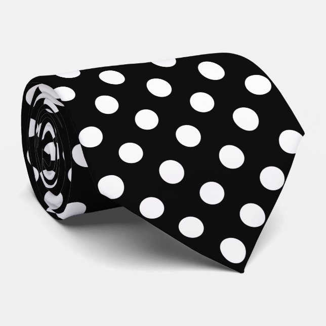 White Polka Dots on Black Background Tie (Rolled)