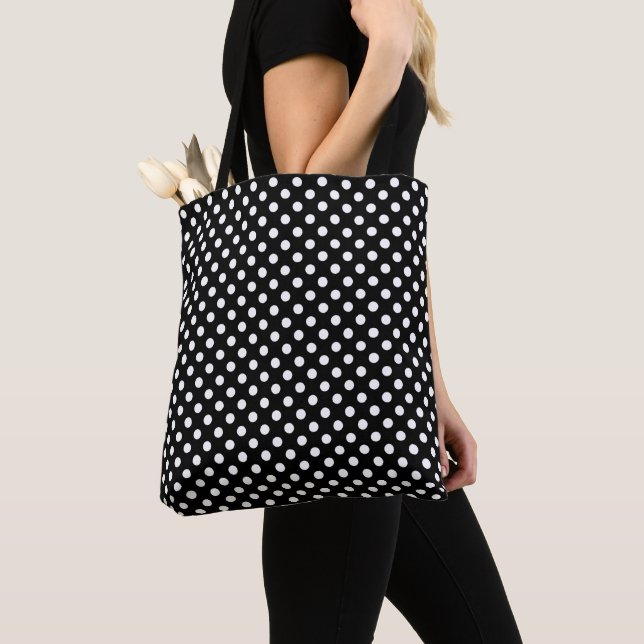 White Polka Dots on Black Background Tote (Close Up)