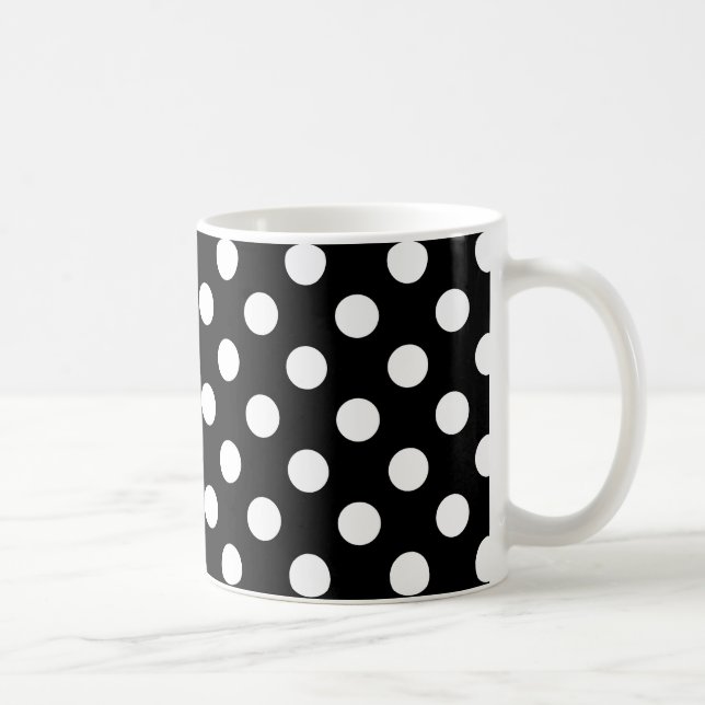 White polka dots on black coffee mug (Right)