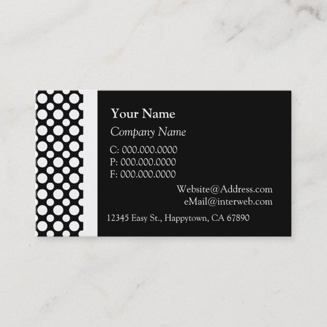 White Polka Dots on Black Custom Business Cards (Front)