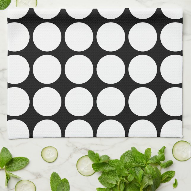 White Polka Dots on Black Kitchen Towel (Folded)