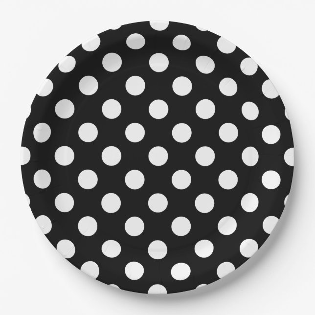 White polka dots on black paper plate (Front)