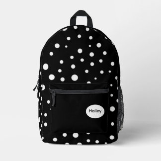 White Polka dots on Black Printed Backpack