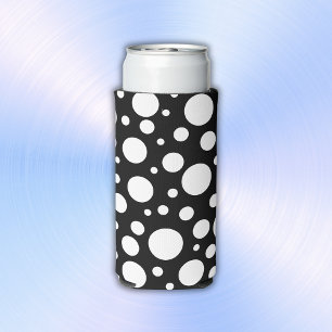 White Polka Dots on Black Seltzer Can Cooler