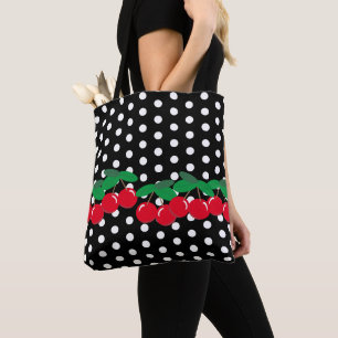 White Polka Dots on Black with Cherries Tote Bag