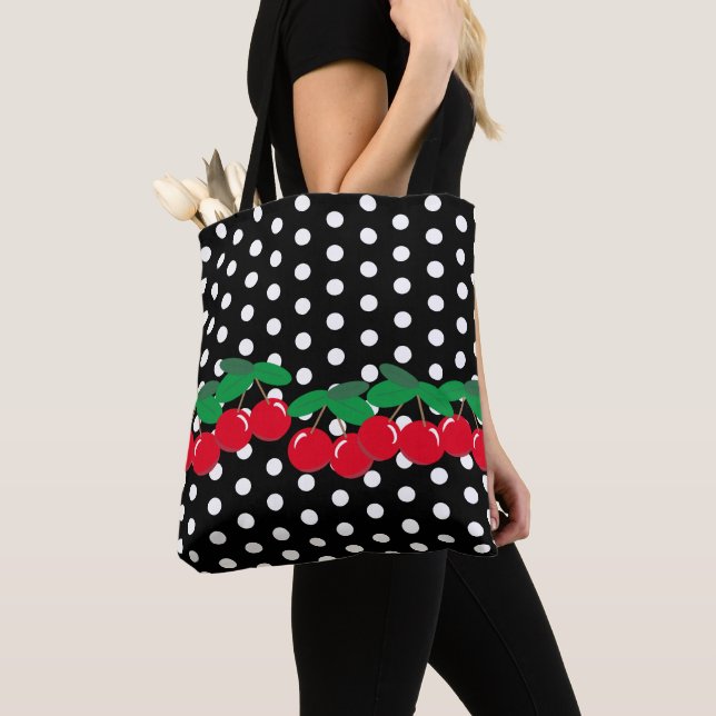 White Polka Dots on Black with Cherries Tote Bag (Close Up)