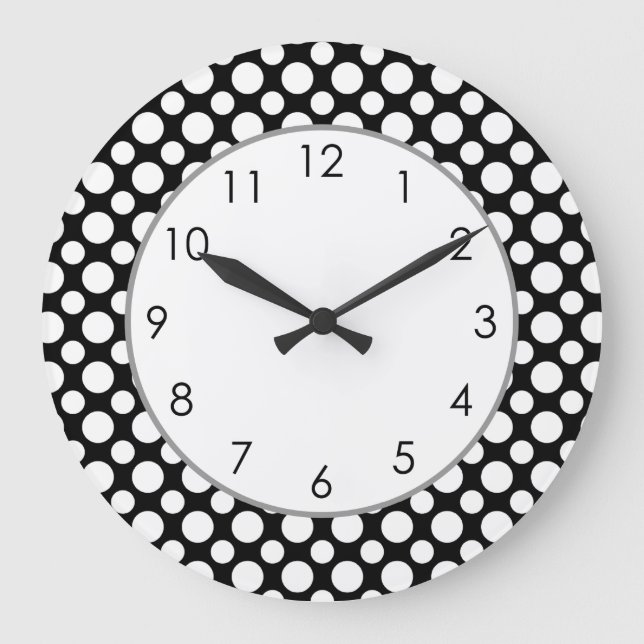 White Polka-Dots on Black With Numbers Clock (Front)