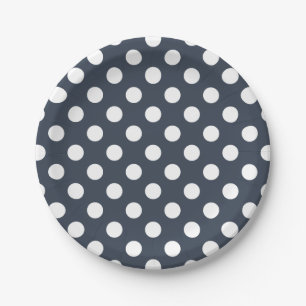 White polka dots on blue-grey paper plate