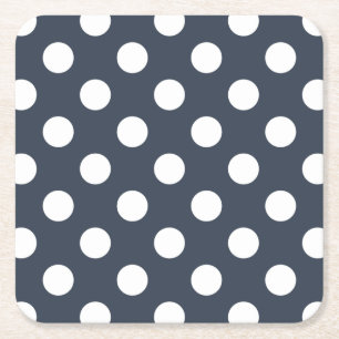 White polka dots on blue-grey square paper coaster