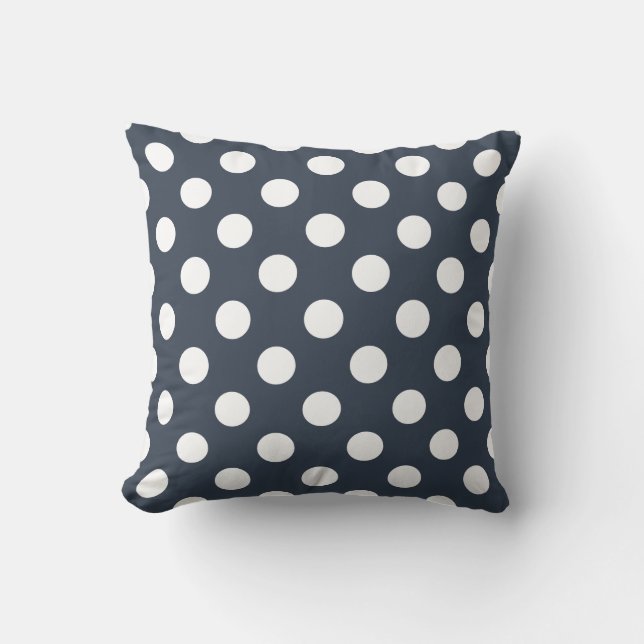 White polka dots on blue-grey throw pillow (Front)
