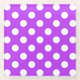 White polka dots on bright purple glass coaster