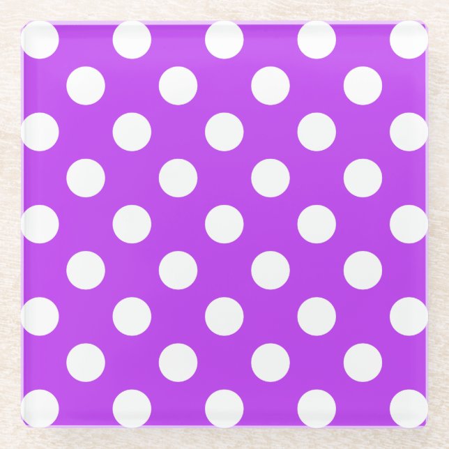White polka dots on bright purple glass coaster (Front)