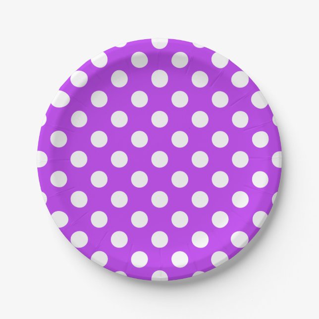 White polka dots on bright purple paper plate (Front)