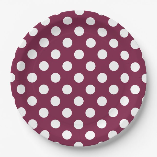 White polka dots on burgundy paper plate (Front)