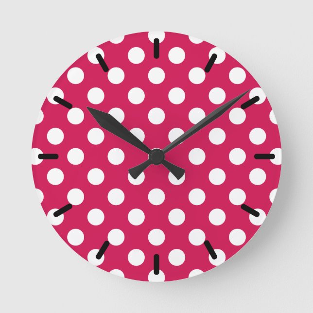 White polka dots on cerise round clock (Front)