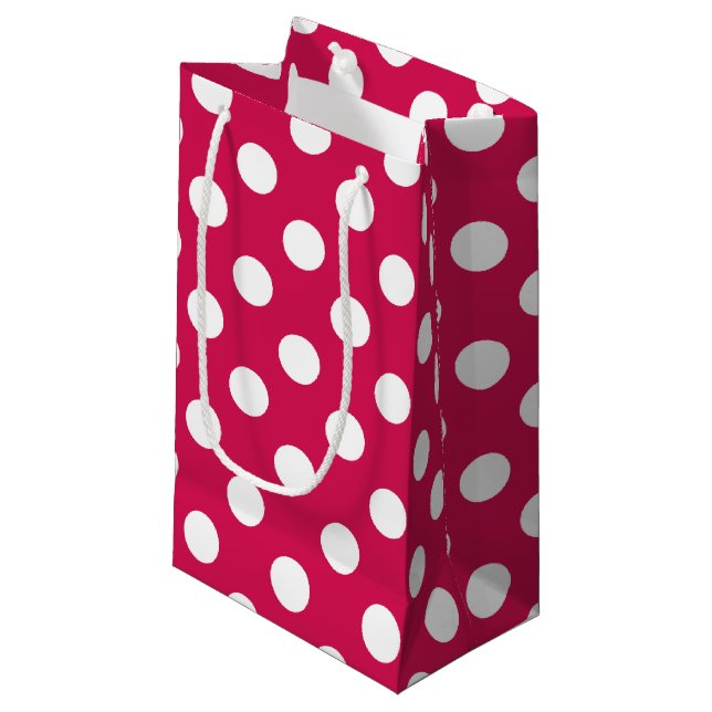 White polka dots on cerise small gift bag (Front Angled)