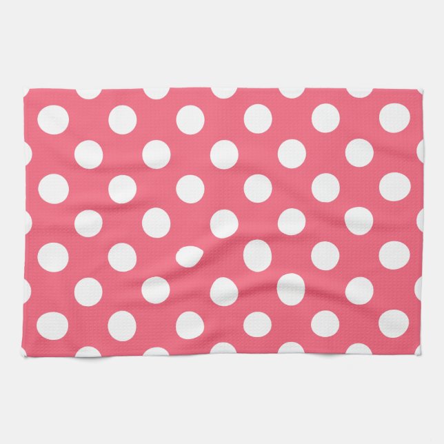 White polka dots on coral kitchen towel (Horizontal)