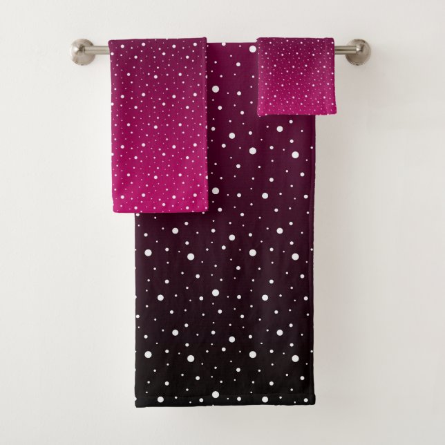 White polka dots on crimson and black gradient. bath towel set (Insitu)