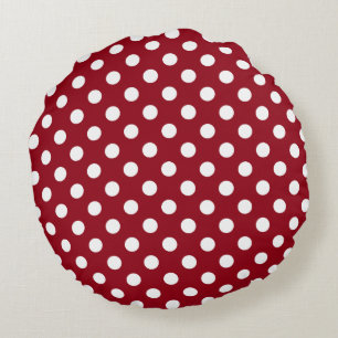 White Polka Dots on Crimson Red Round Pillow