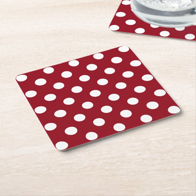 White Polka Dots on Crimson Red Square Paper Coaster (Angled)