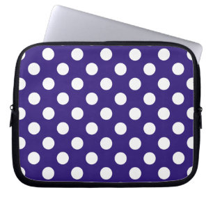 White polka dots on dark blue laptop sleeve