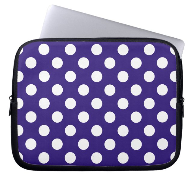 White polka dots on dark blue laptop sleeve (Front)