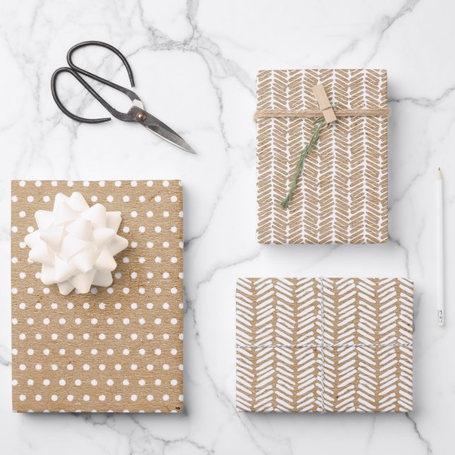 White Polka Dots On Faux Rustic Brown Kraft Wrapping Paper Sheet (Front)