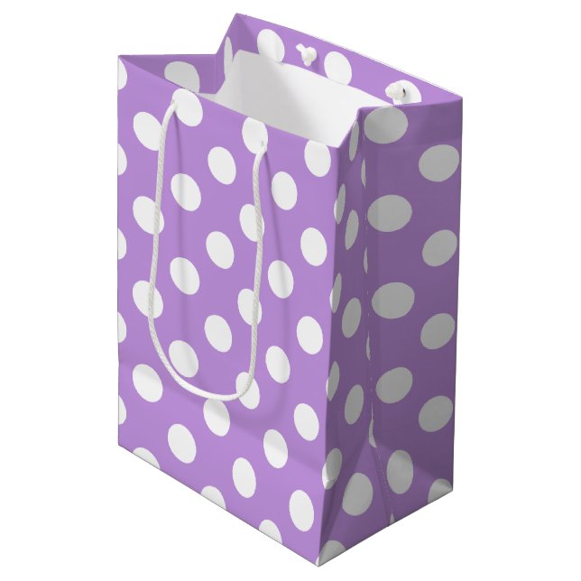 White polka dots on lilac medium gift bag (Front Angled)