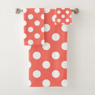 White polka dots on living coral bath towel set