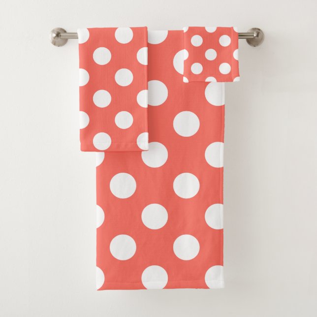 White polka dots on living coral bath towel set (Insitu)