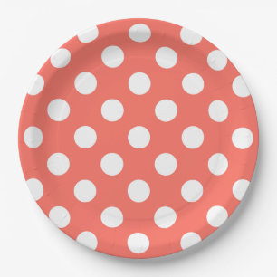 White polka dots on living coral paper plate