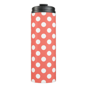 White polka dots on living coral thermal tumbler