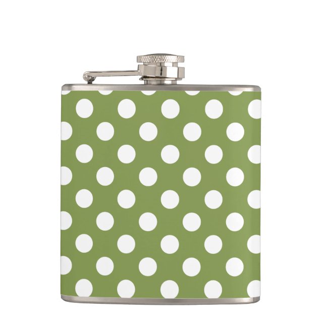White polka dots on olive green hip flask (Front)
