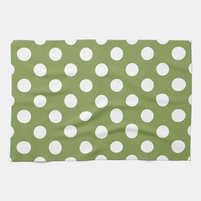 White polka dots on olive green kitchen towel (Horizontal)