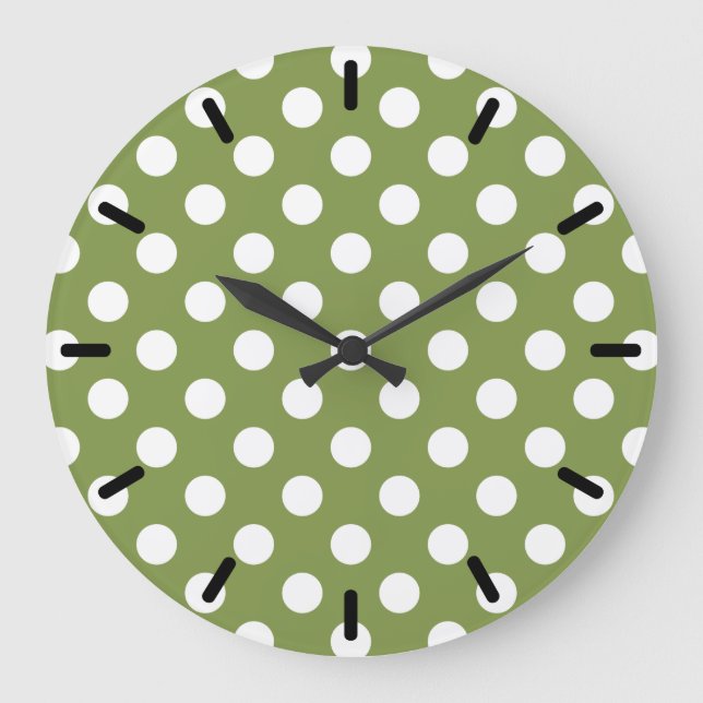 White polka dots on olive green large clock (Front)