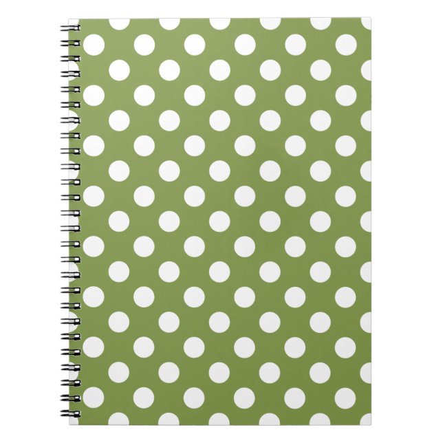 White polka dots on olive green notebook (Front)