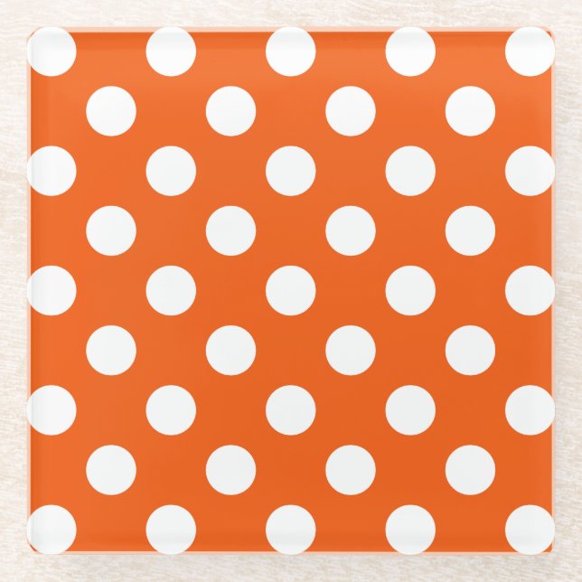White polka dots on orange glass coaster (Front)