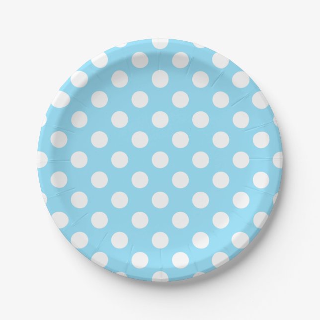 White polka dots on pale blue paper plate (Front)