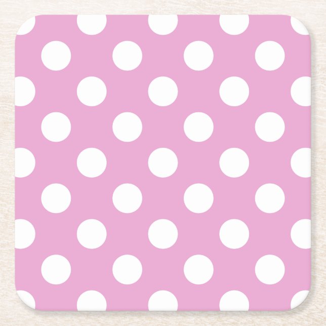 White polka dots on pale pink square paper coaster (Front)