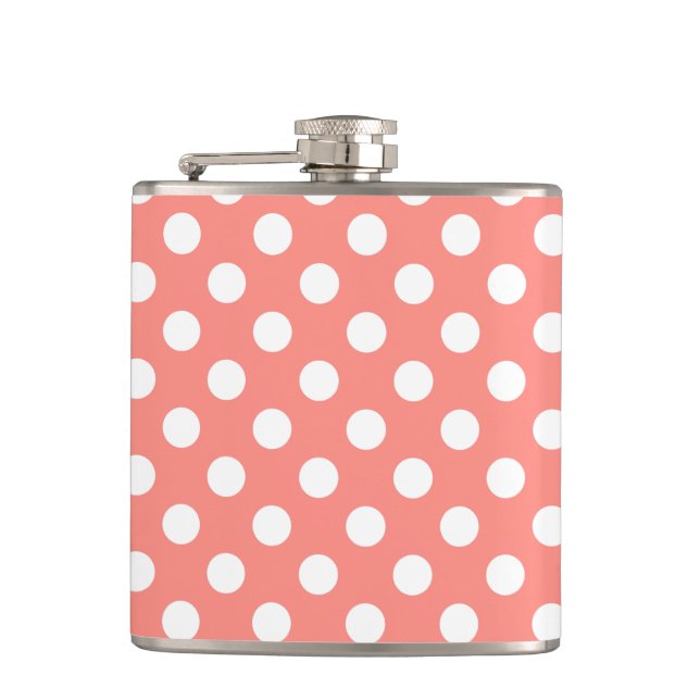 White polka dots on peach hip flask (Front)