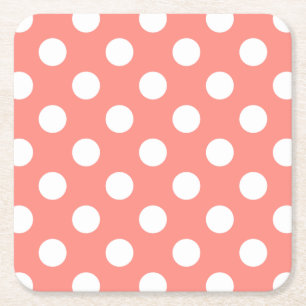 White polka dots on peach square paper coaster