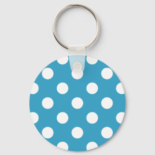 White Polka Dots on Peacock Blue Background Keychain