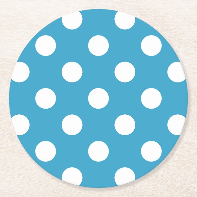 White Polka Dots on Peacock Blue Background Round Paper Coaster (Front)