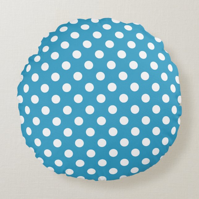 White Polka Dots on Peacock Blue Background Round Pillow (Front)