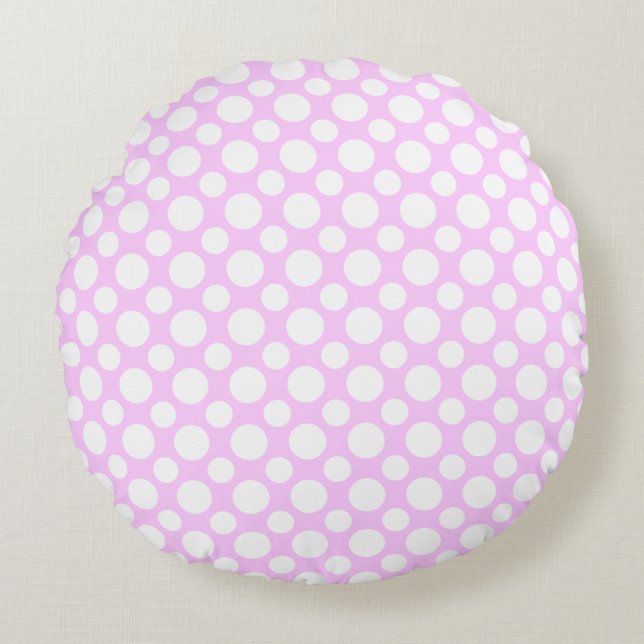White Polka Dots on Pink Round Pillow (Front)