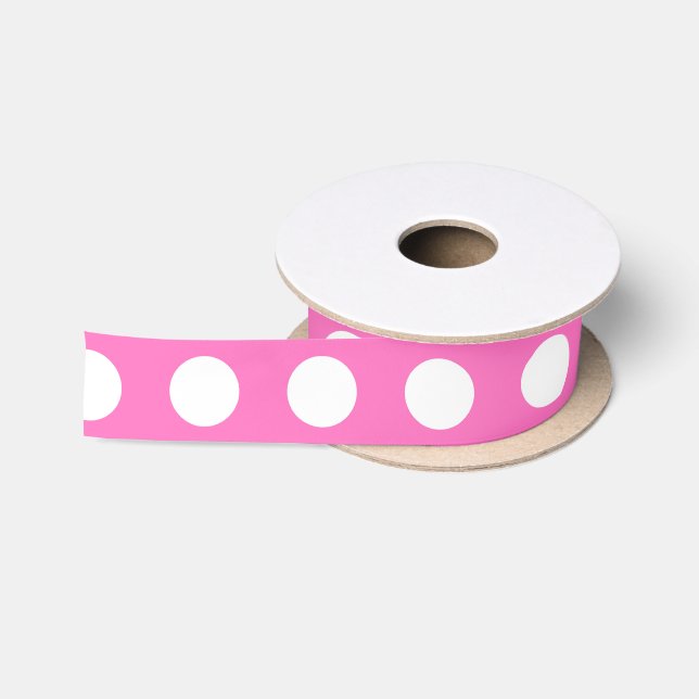 White polka dots on pink satin ribbon (Spool)