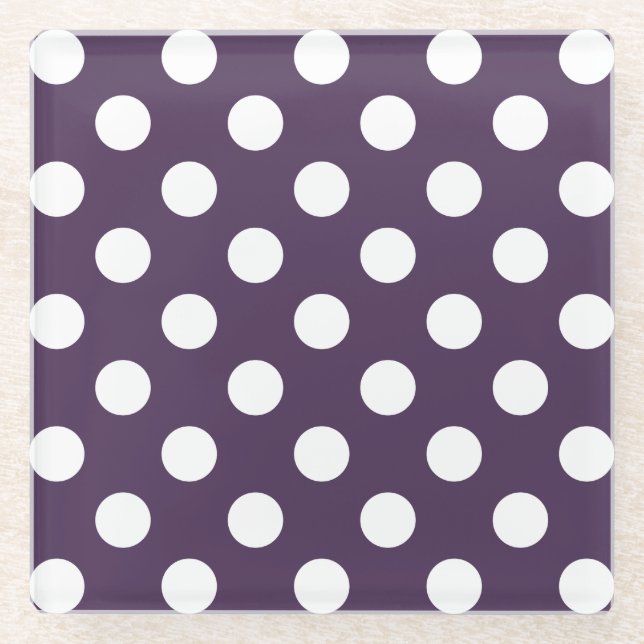 White polka dots on plum purple glass coaster (Front)